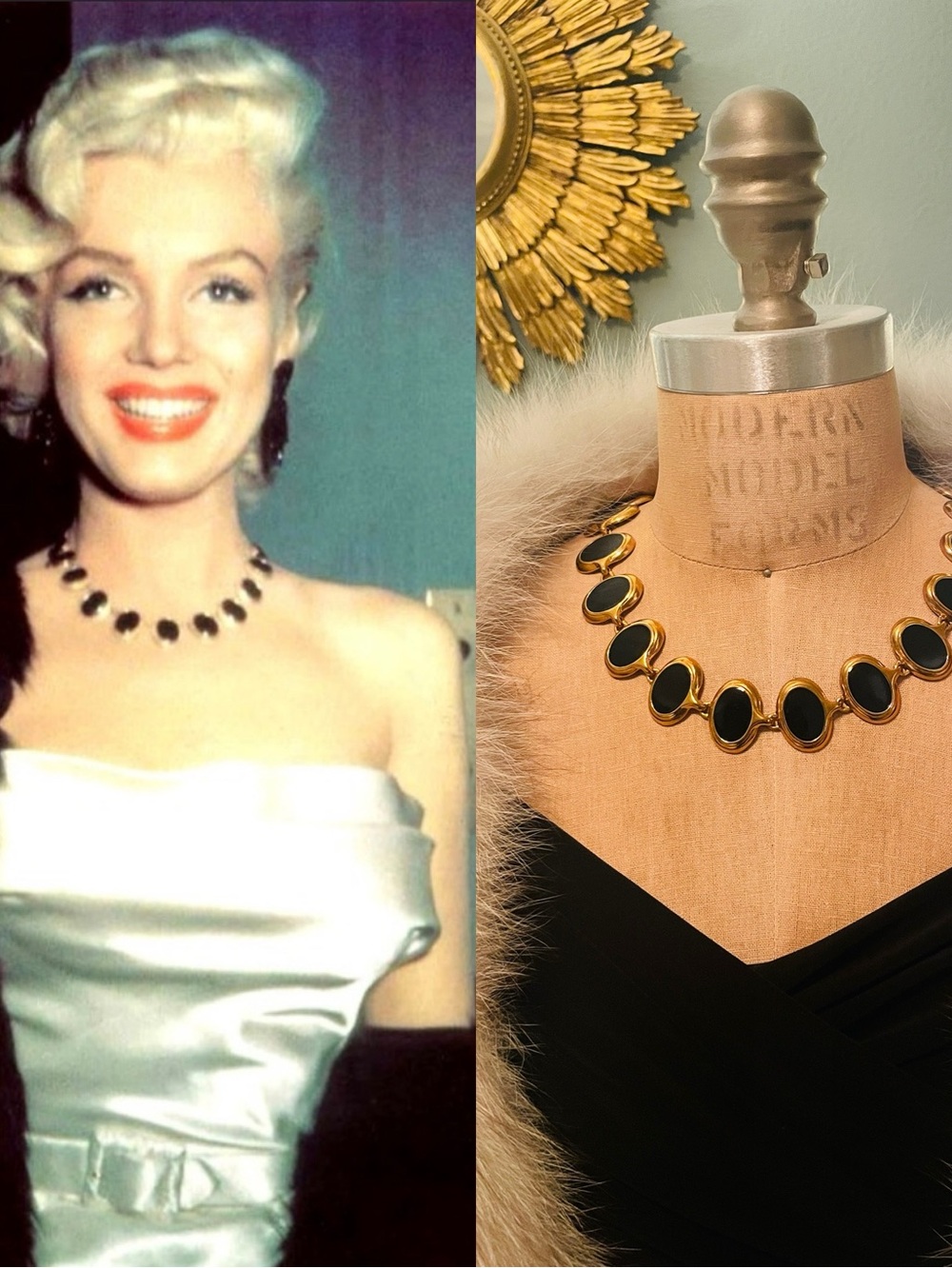 ♥️ Gold and Black Oval Cabochon Link Necklace - vintage 1950.s/60s